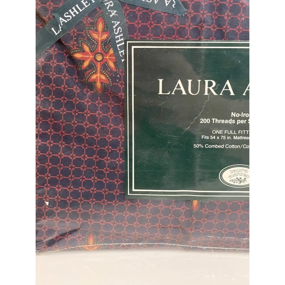 Vintage Laura Ashley Hamilton Full/Double‎ Sheets Fitted Flat Navy Burgundy New